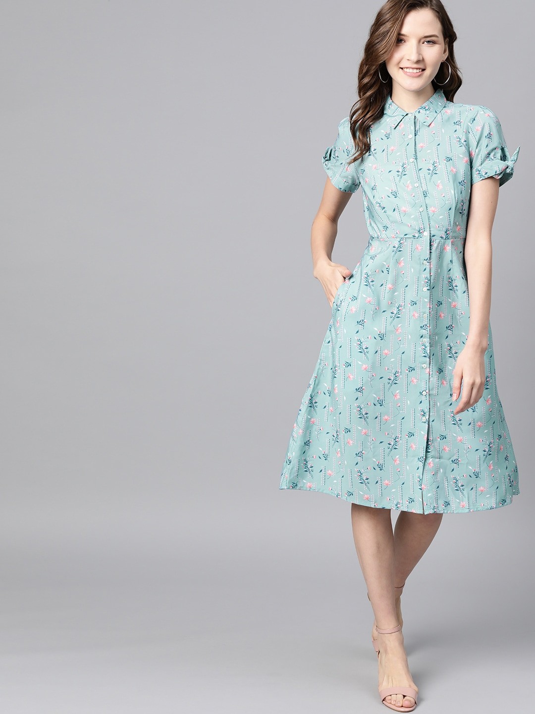 

Mast & Harbour Women Blue & Peach-Coloured Floral Print Shirt Sustainable Dress