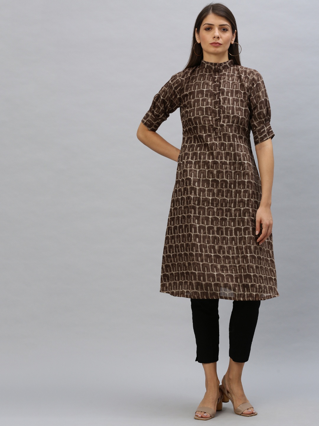 

Ethnovog Women Brown Beige Printed Made To Measure A-Line Kurta