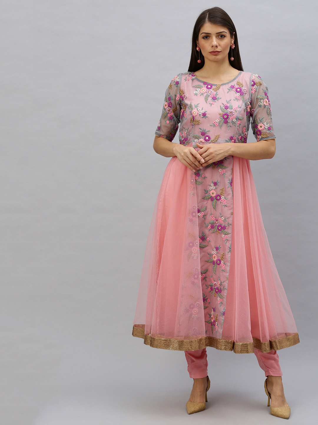 

Ethnovog Women Pink Embroidered Made To Measure Kurta with Churidar