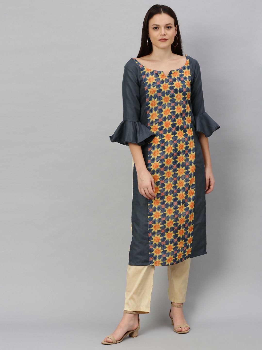 

Ethnovog Women Grey Mustard Yellow Printed Made To Measure Straight Kurta