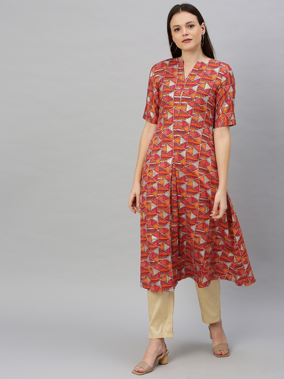 

Ethnovog Women Red Orange Printed Made To Measure A-Line Kurta