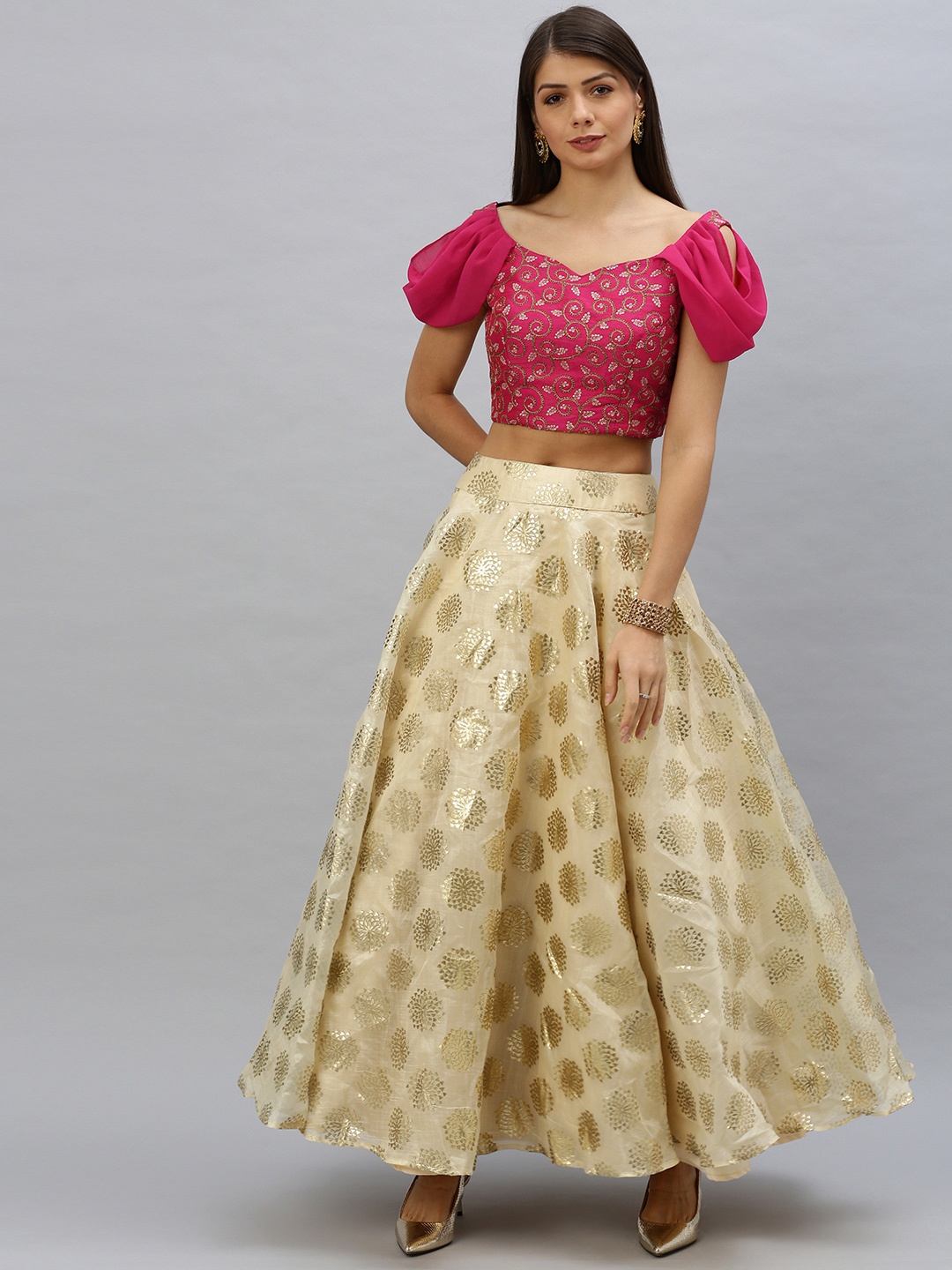 

Ethnovog Magenta Off-White Made to Measure Embroidered Lehenga with Blouse