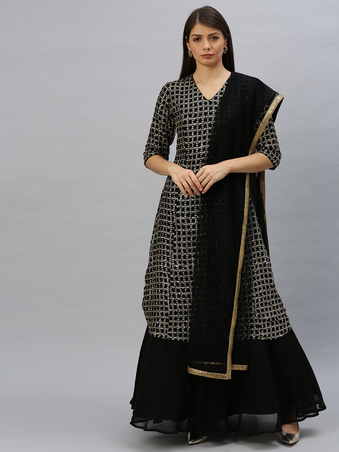 

Ethnovog Black Gold Embellished Made to Measure Lehenga Blouse with Dupatta