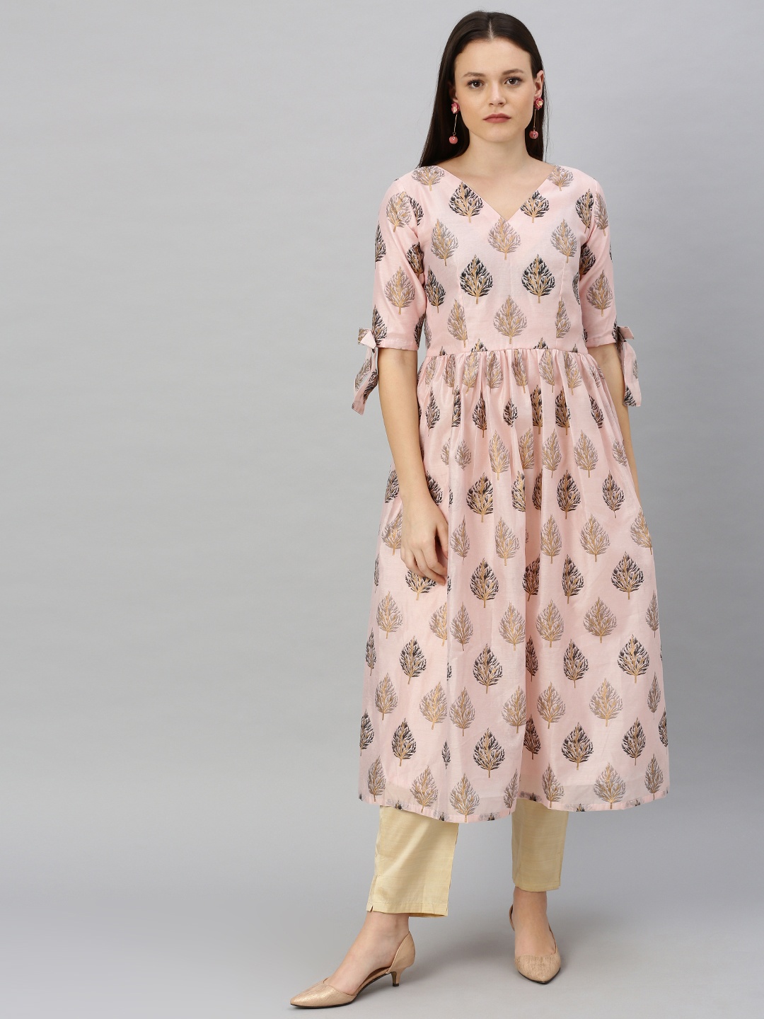 

Ethnovog Women Pink Gold-Toned Printed Made To Measure A-Line Kurta