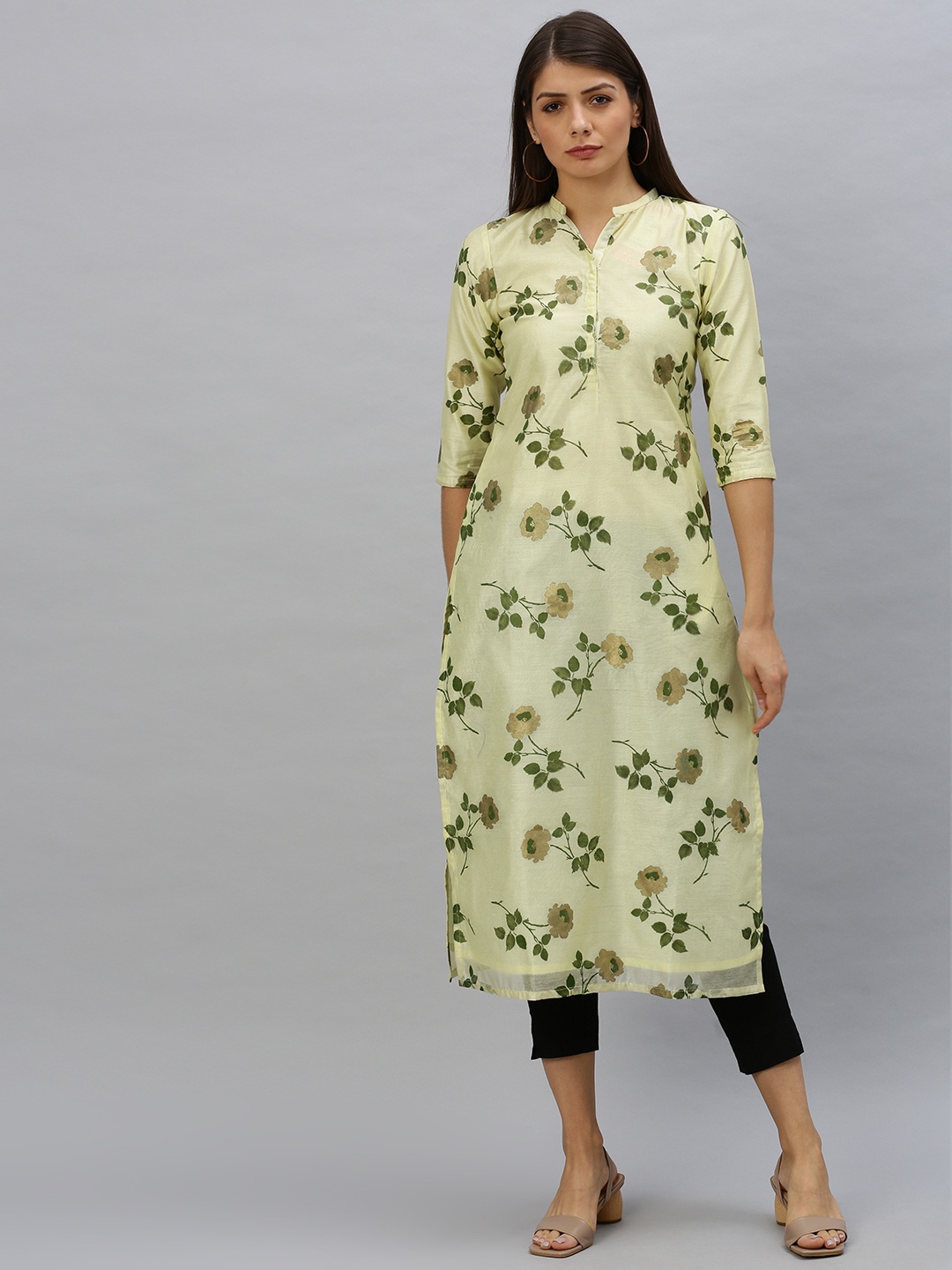 

Ethnovog Women Cream-Coloured Green Printed Made to Measure Straight Kurta