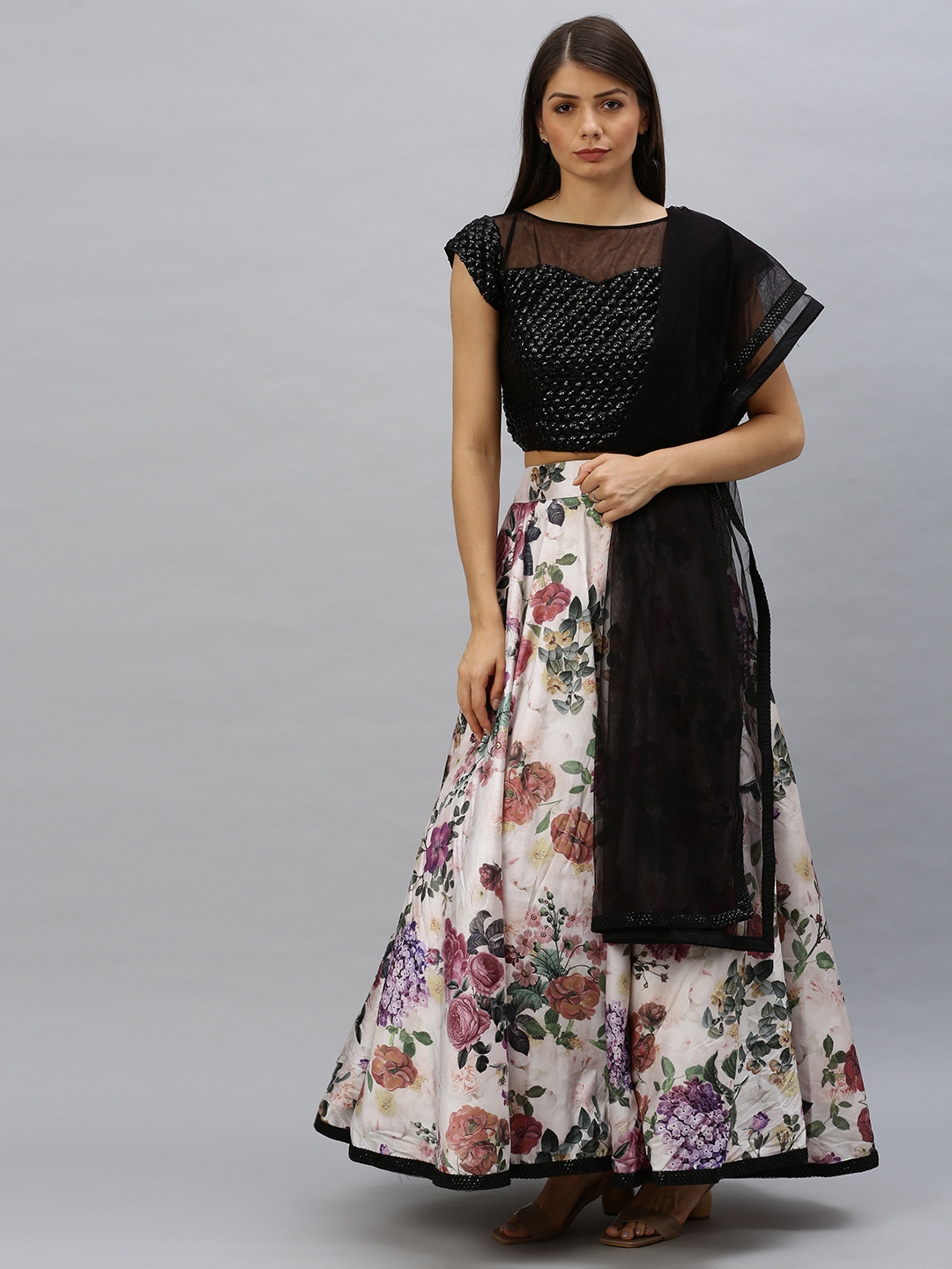 

Ethnovog Black Off-White Embellished Made to Measure Lehenga Blouse with Dupatta