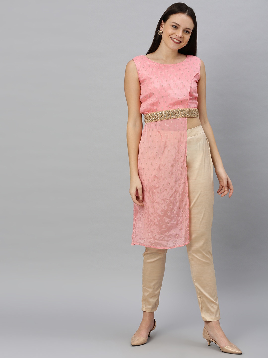 

Ethnovog Women Pink Beige Made to Measure Embroidered Kurta Churidar