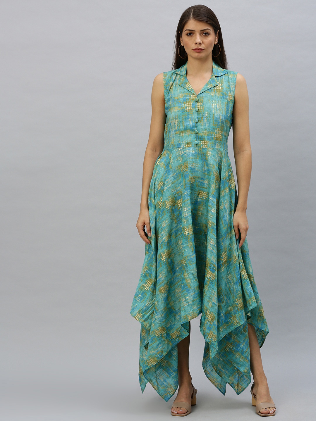 

Ethnovog Women Green Printed Made To Measure Fit and Flare Dress