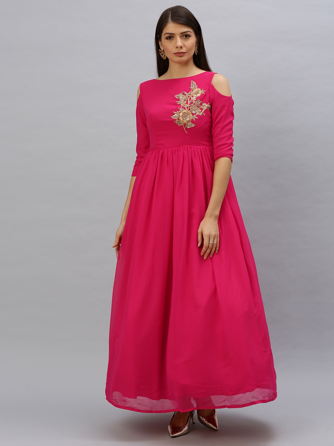 

Ethnovog Women Pink Solid Made To Measure Boat Neck Maxi Gown with Embroidery