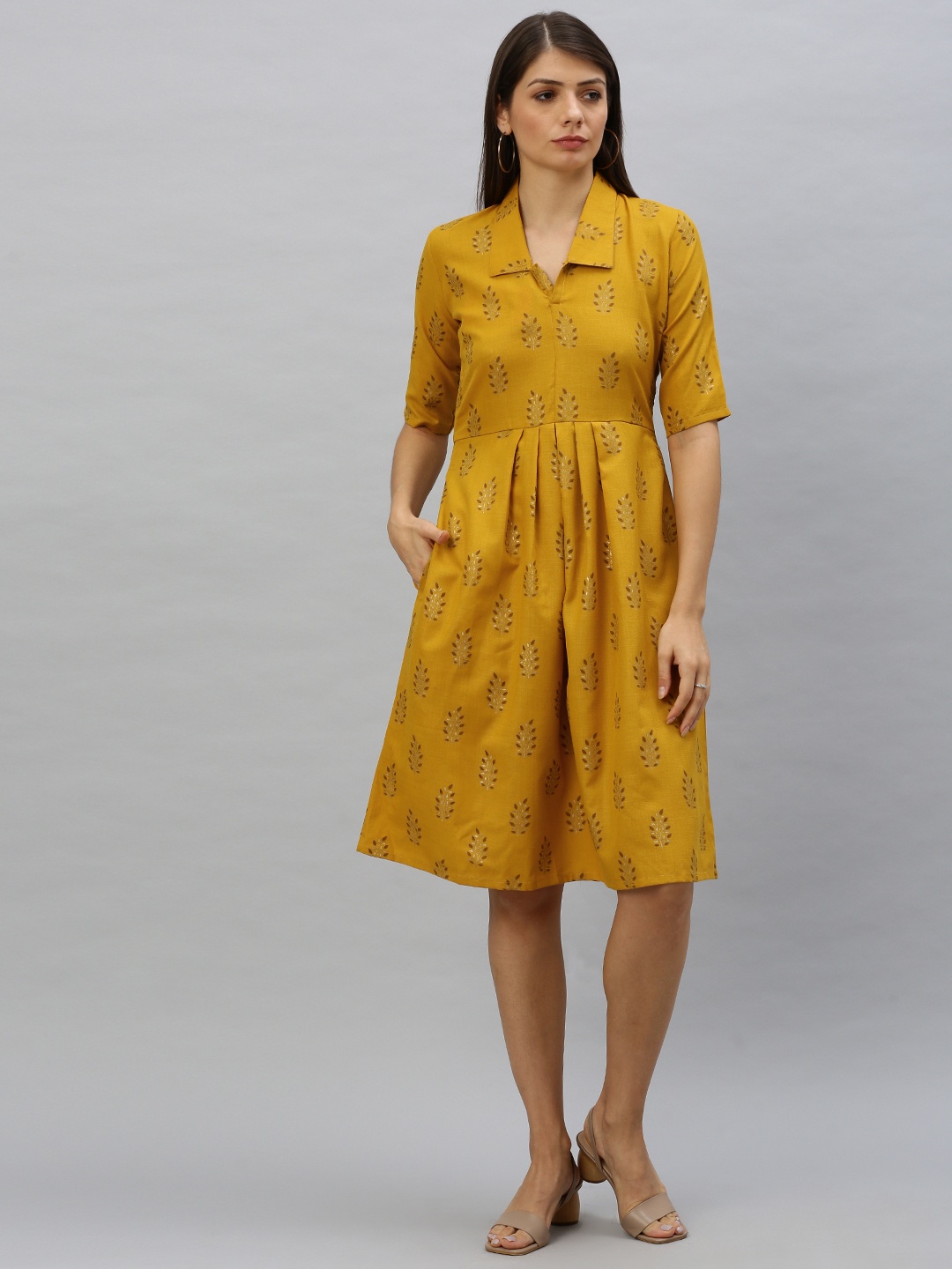 

Ethnovog Women Mustard Floral Printed Made to Measure Fit and Flare Dress