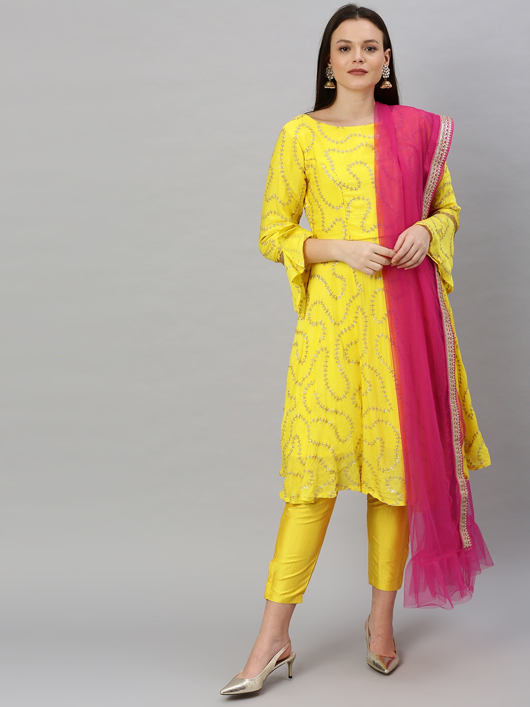 

Ethnovog Women Yellow Pink Embroidered Sequinned Made to Measure Kurta Set