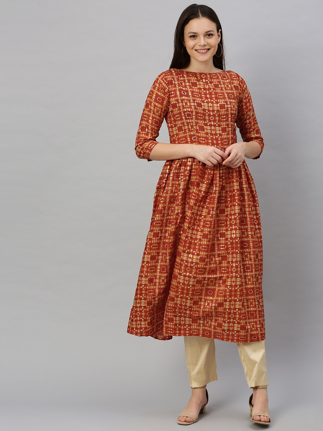 

Ethnovog Women Red Beige Printed Made to Measure A-Line Kurta