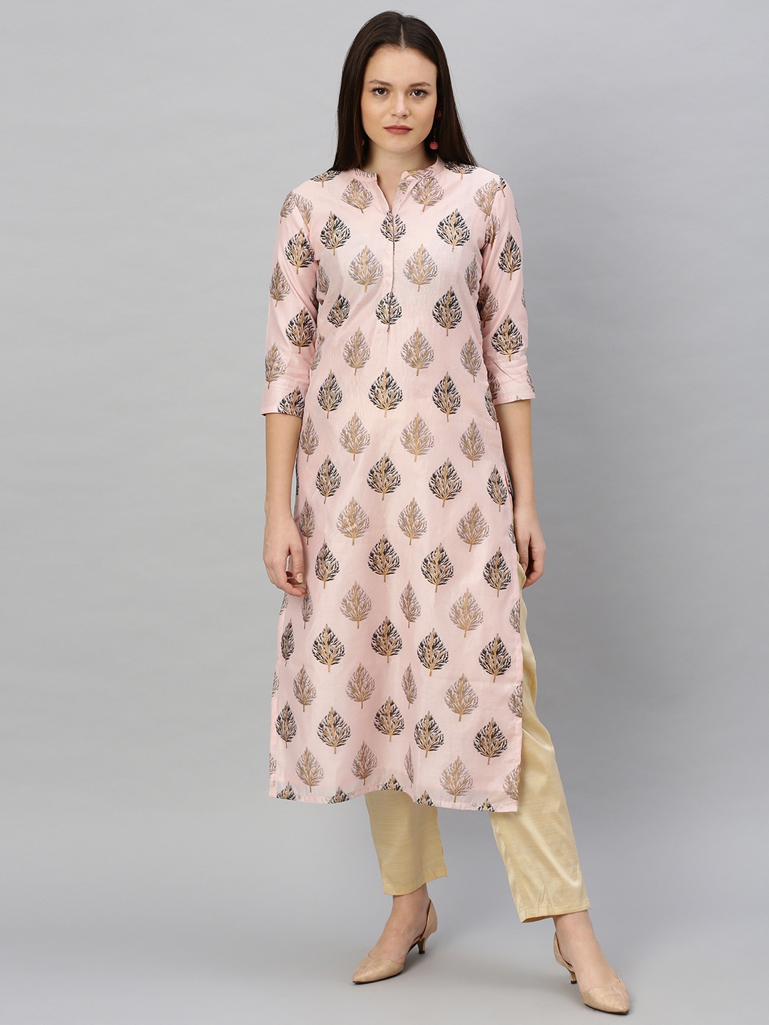 

Ethnovog Women Pink Black Floral Printed Made to Measure Straight Kurta