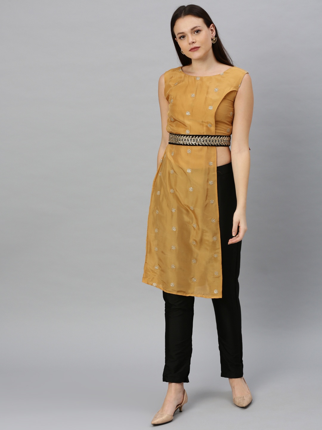

Ethnovog Women Mustard Yellow Black Made to Measure Embroidered Kurta Churidar