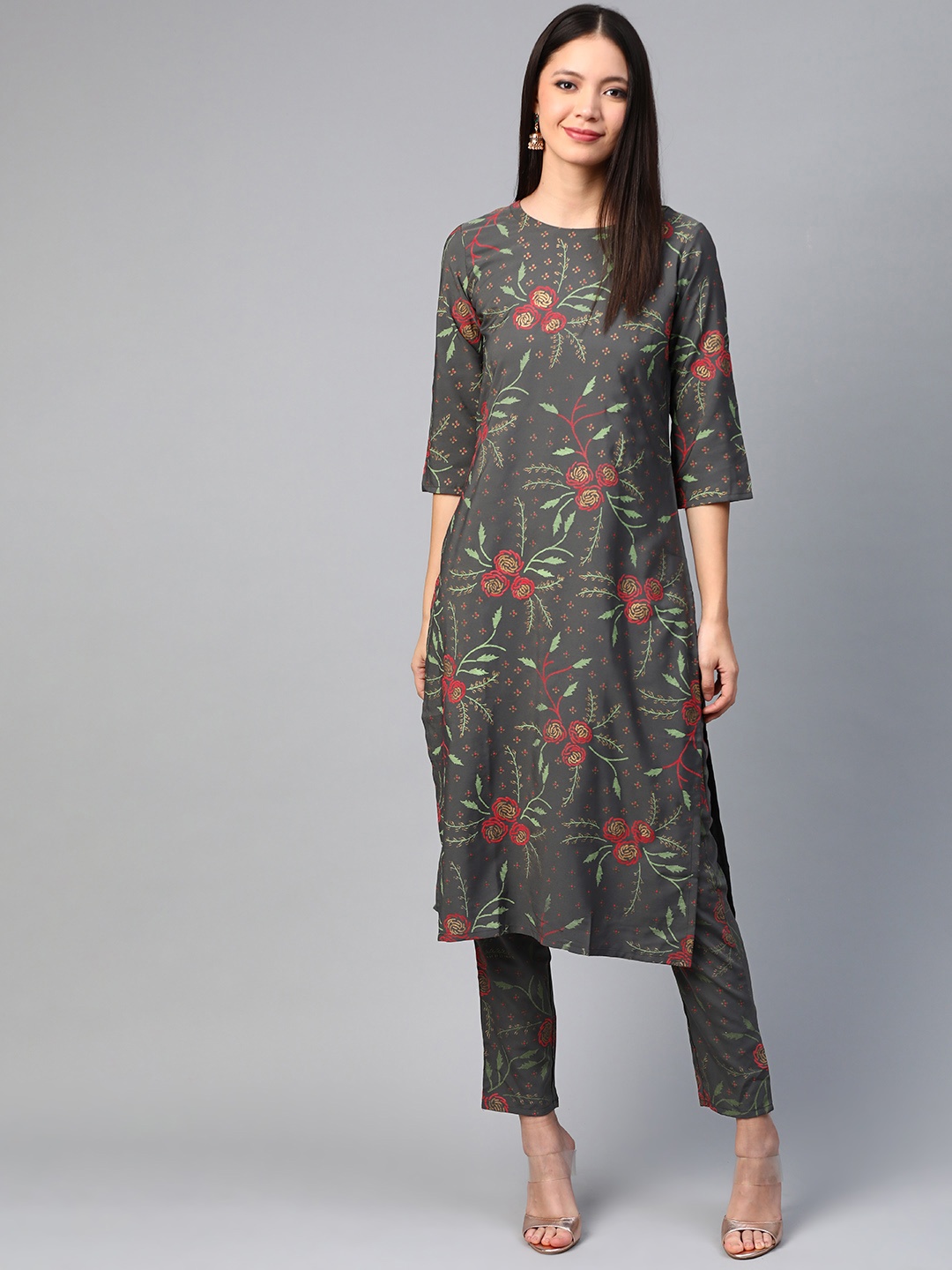 

ZIYAA Women Charcoal Grey & Red Foil Print Kurta with Trousers