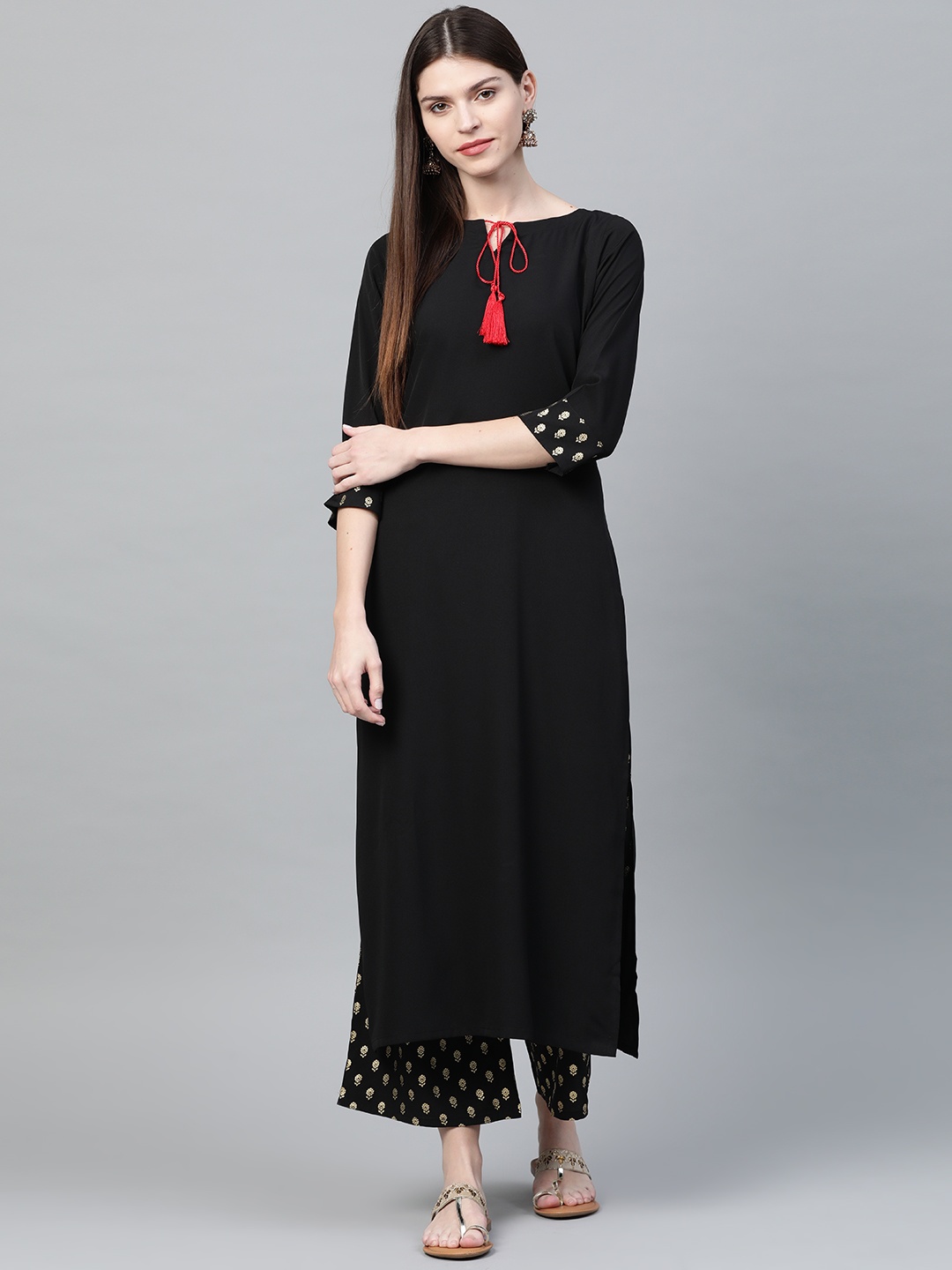 

ZIYAA Women Black & Golden Solid Kurta with Printed Palazzos