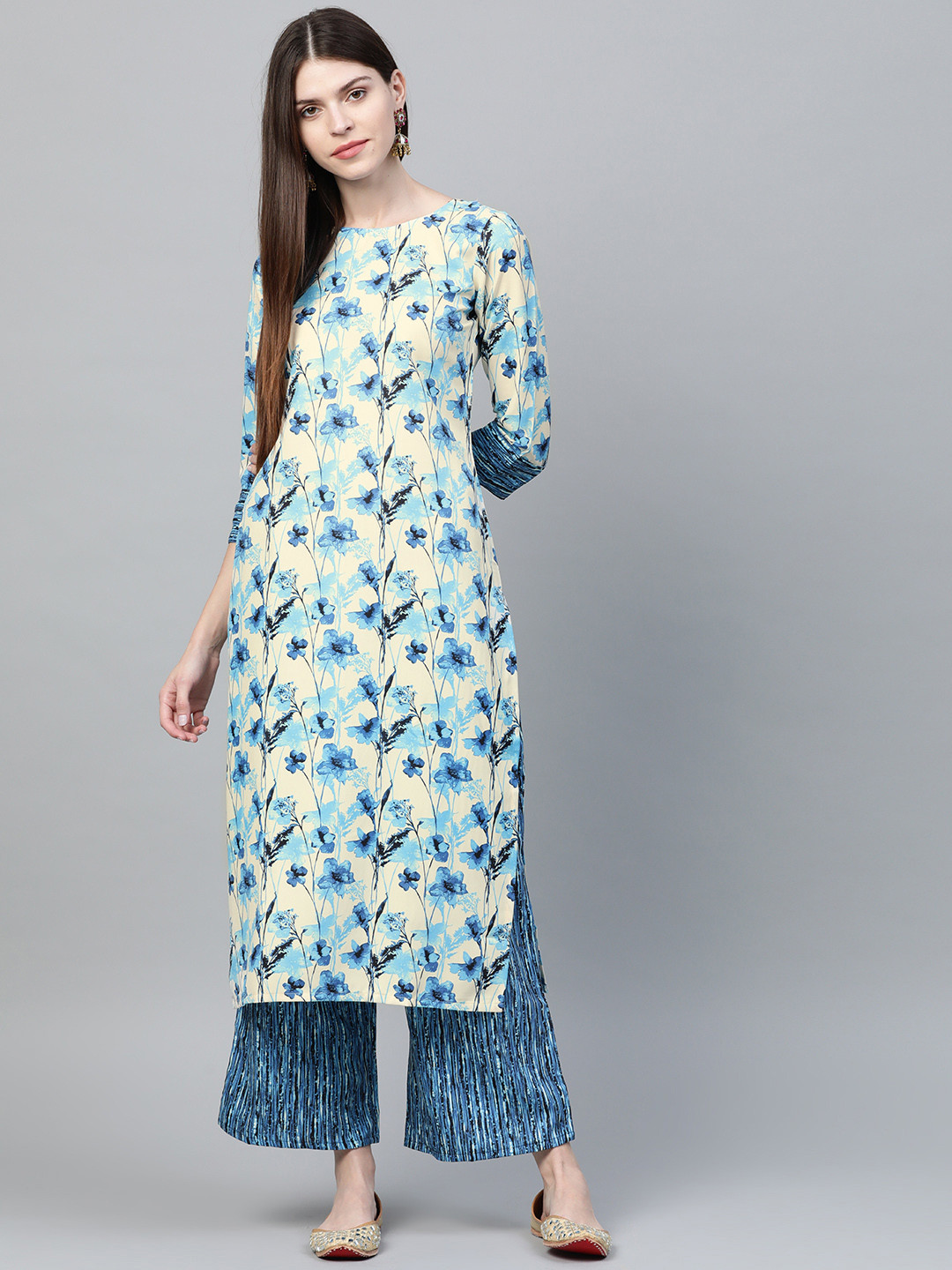 

ZIYAA Women Cream-Coloured & Blue Floral Print Kurta with Palazzos