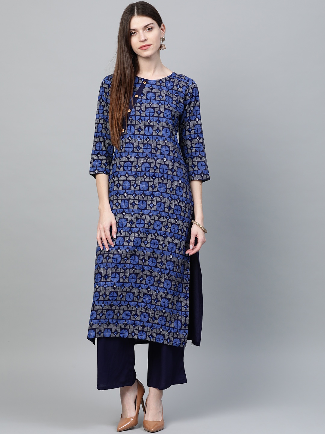 

ZIYAA Women Blue & Grey Screen Print Kurta with Palazzos