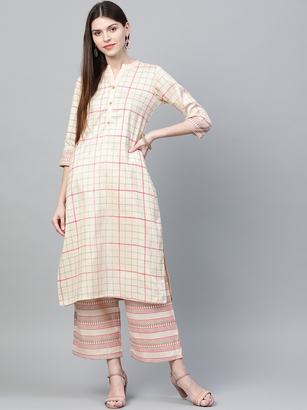 

ZIYAA Women Beige & Pink Checked Kurta with Palazzos