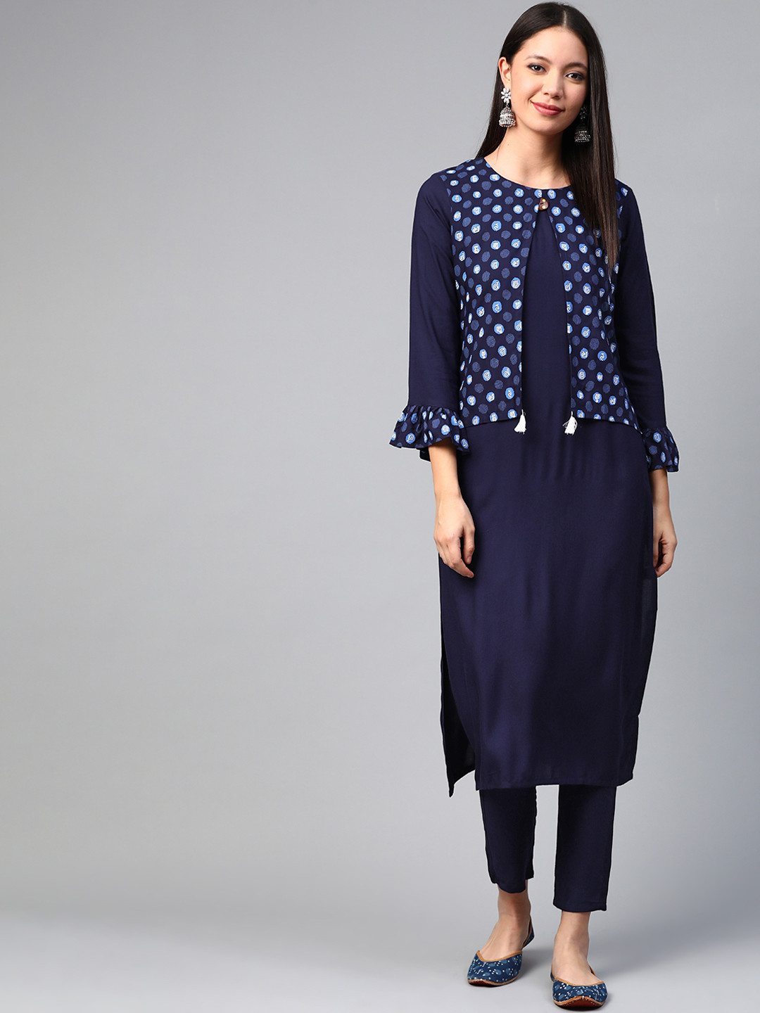 

ZIYAA Women Navy Blue Quirky Printed Layered Kurta with Trousers