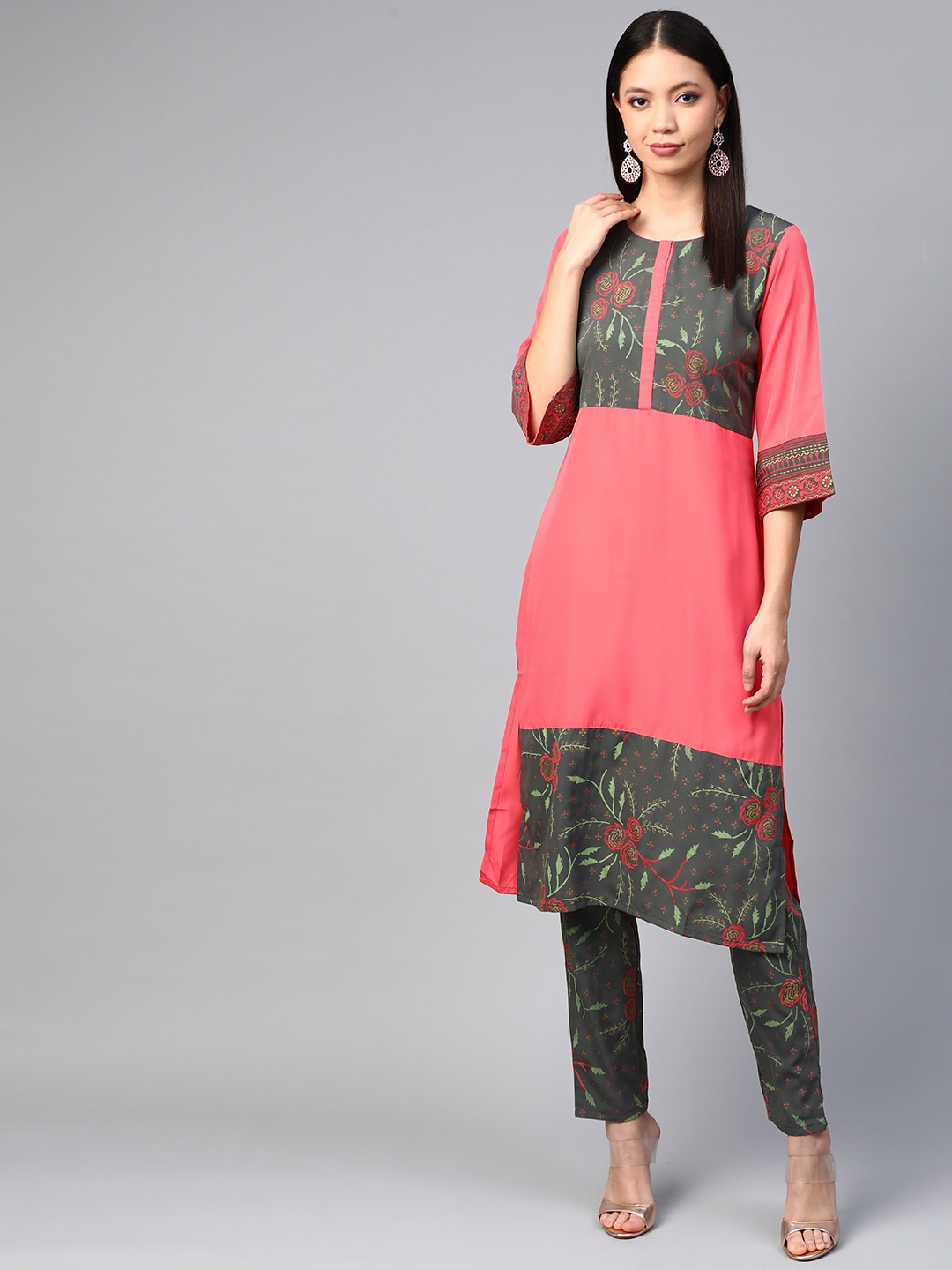 

ZIYAA Women Coral Pink & Charcoal Grey Printed Kurta with Trousers