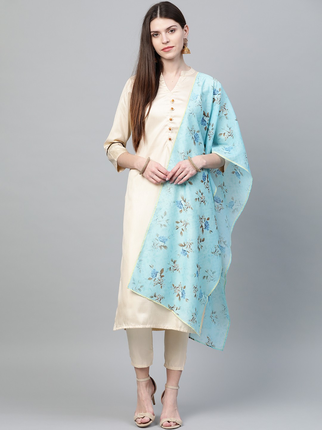 

ZIYAA Women Cream-Coloured & Blue Solid Kurta with Trousers & Printed Dupatta