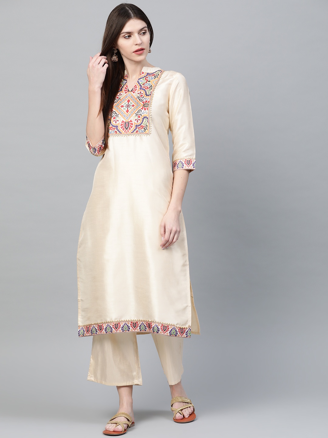

ZIYAA Women Cream-Coloured Yoke Design Kurta with Palazzos