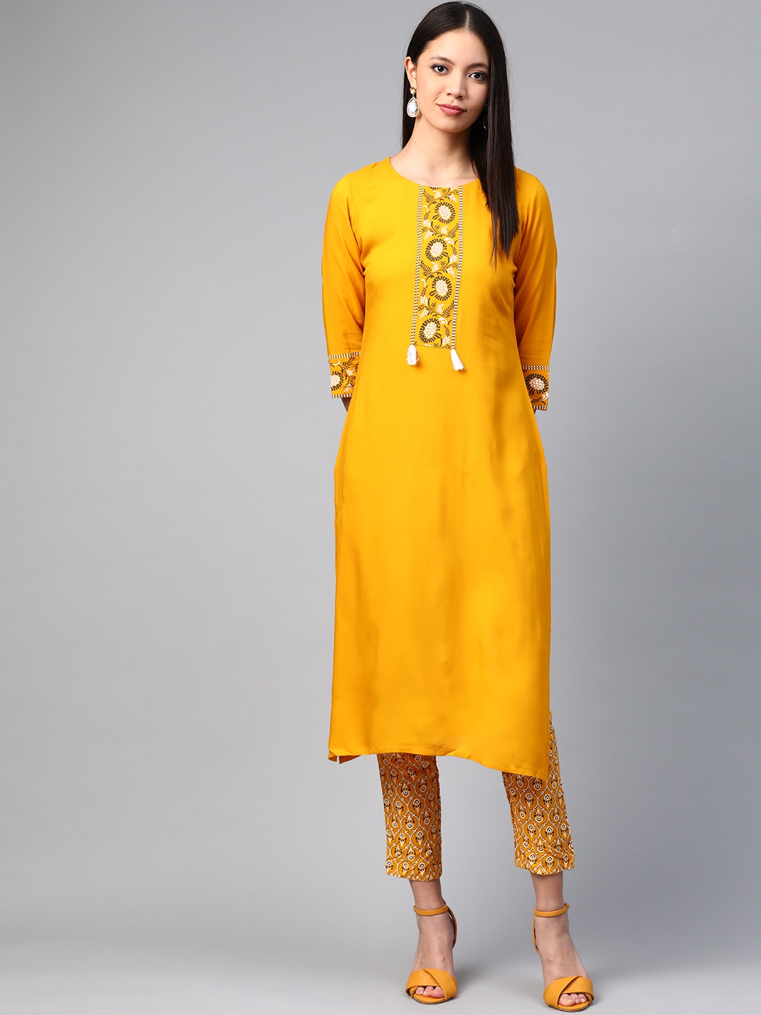 

ZIYAA Women Mustard Yellow Yoke Design Kurta with Trousers