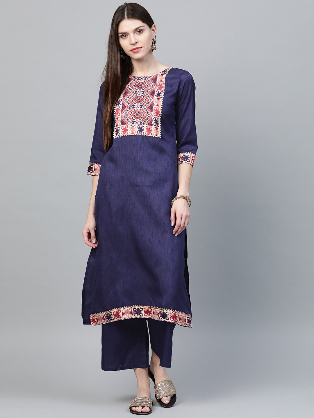 

ZIYAA Women Navy Blue & Rust Red Gotta-Patti Yoke Design Kurta with Palazzos