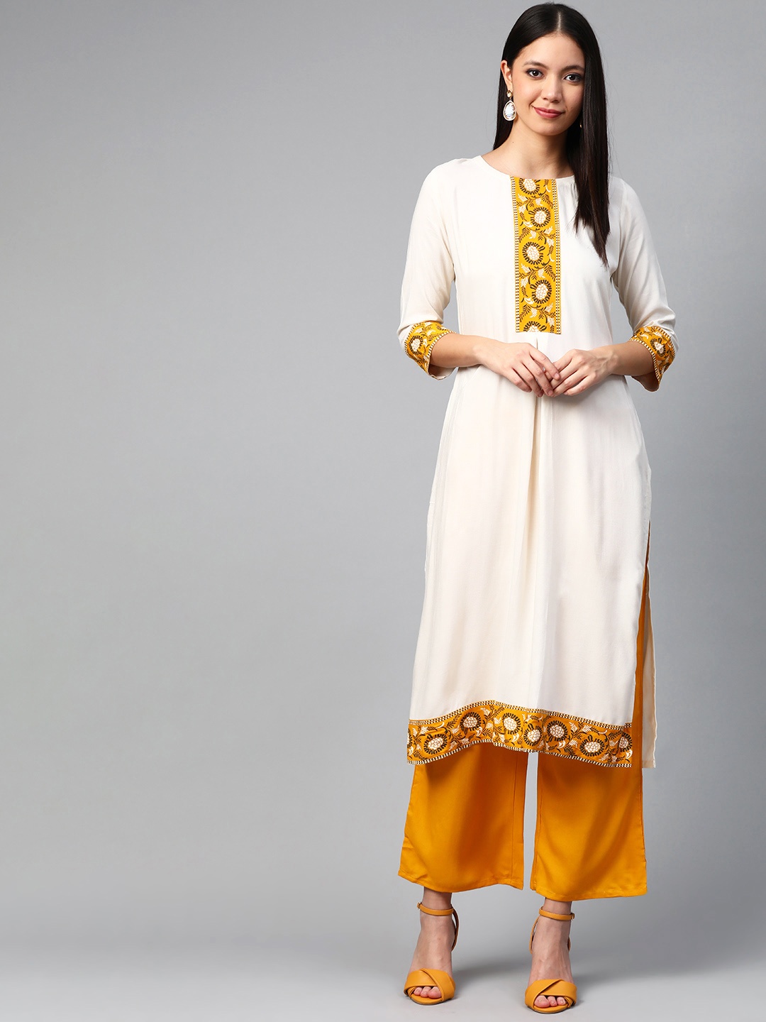 

ZIYAA Women Off-White & Mustard Yellow Floral Print Kurta with Palazzos