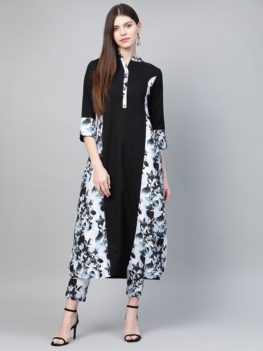 

ZIYAA Women Black & Off-White Printed Kurta with Trousers