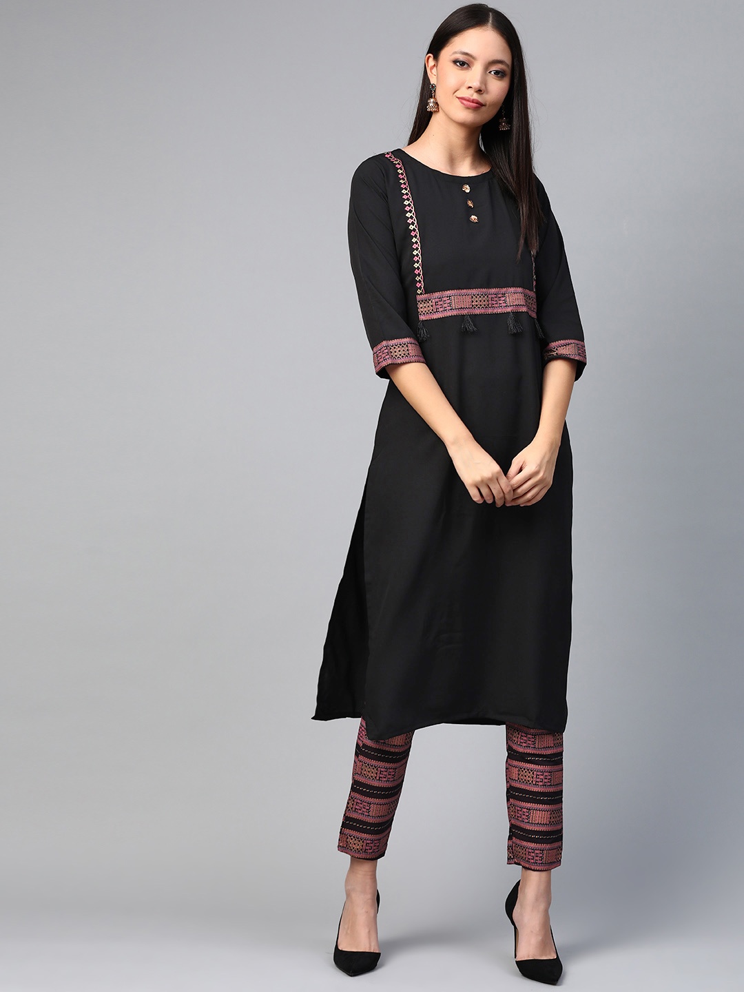 

ZIYAA Women Black & Pink Printed Kurta with Trousers