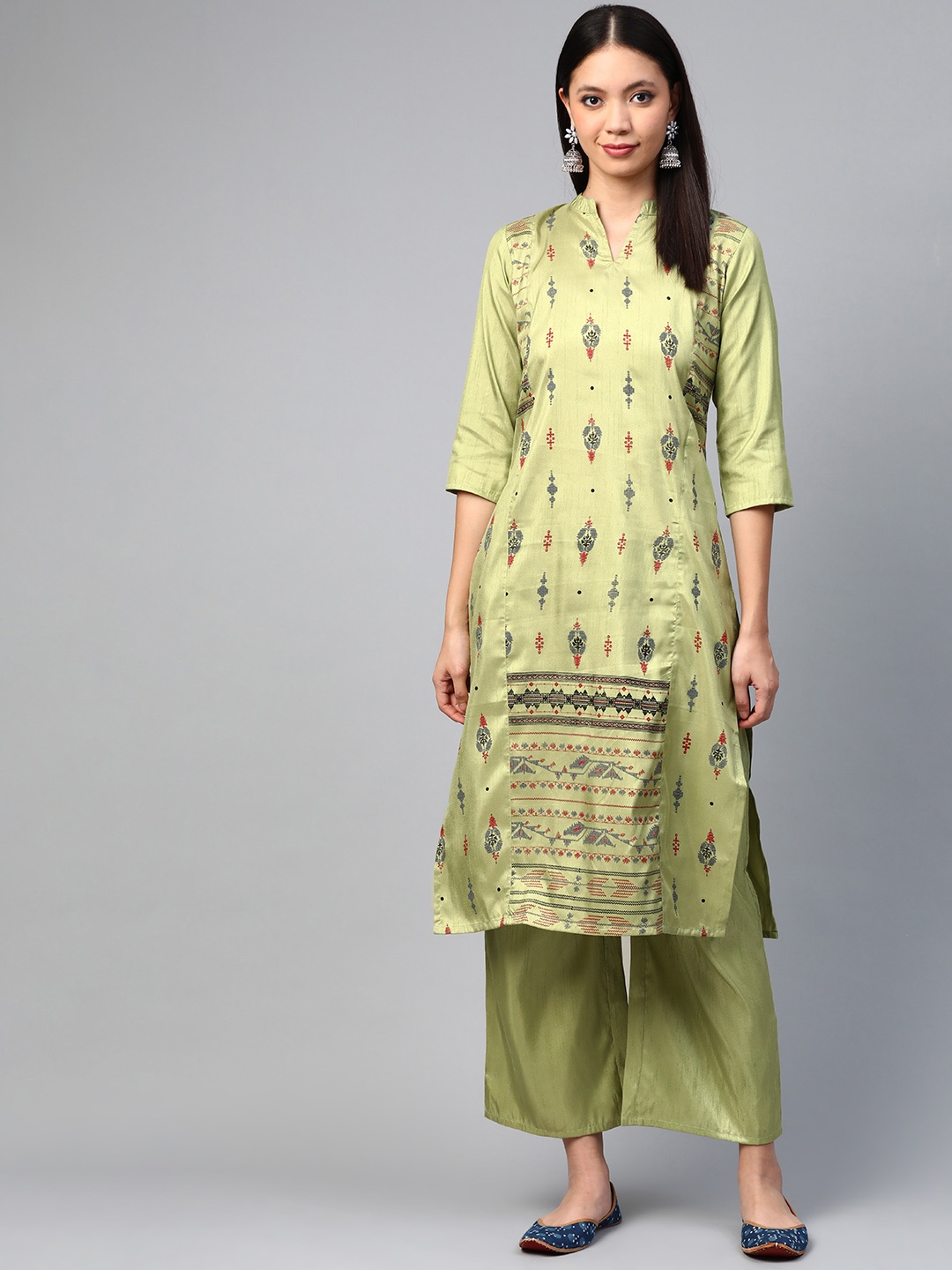 

ZIYAA Women Green & Blue Screen Print Kurta with Palazzos