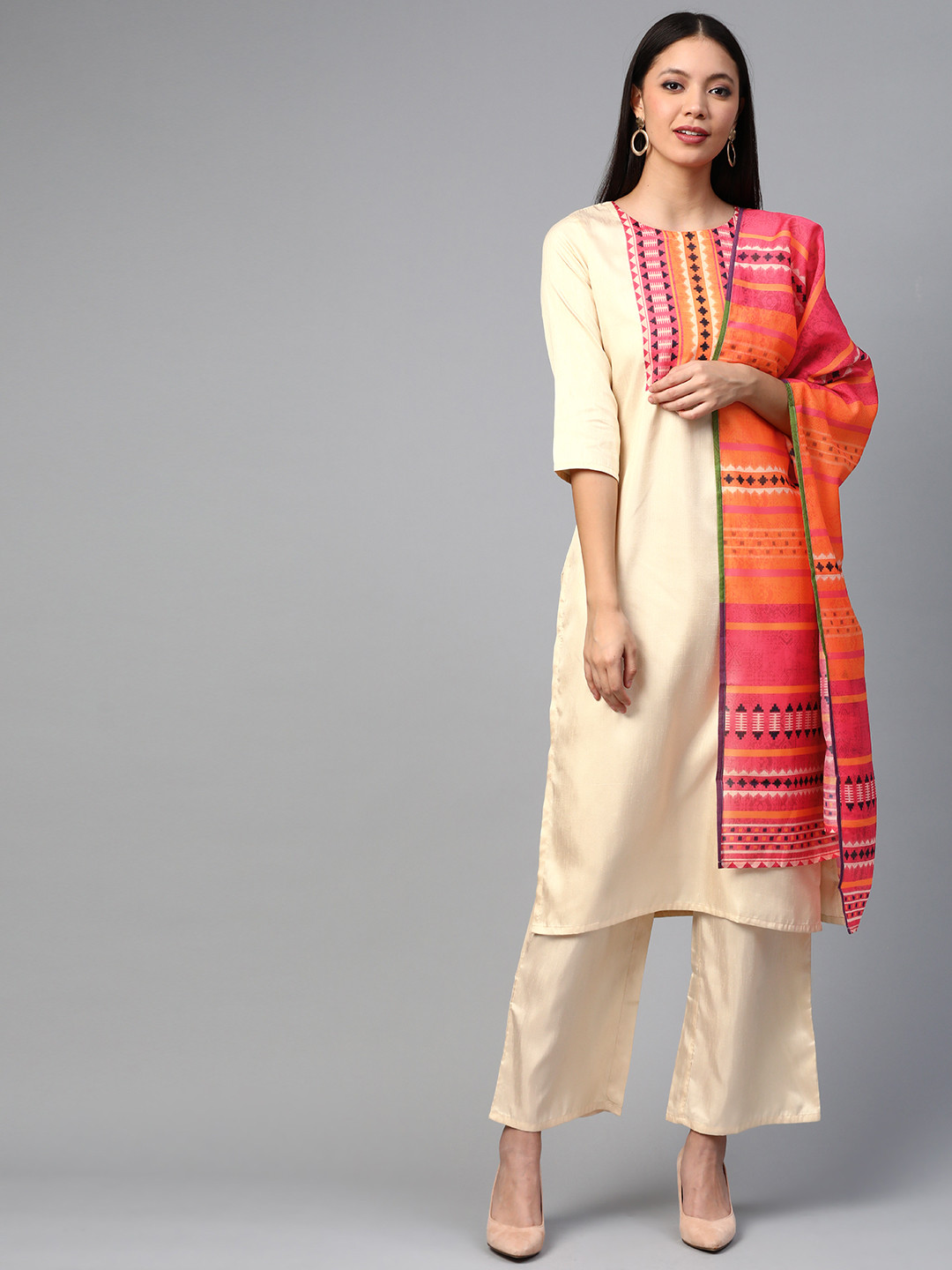 

ZIYAA Women Cream-Coloured & Pink Printed Kurta with Palazzos & Dupatta