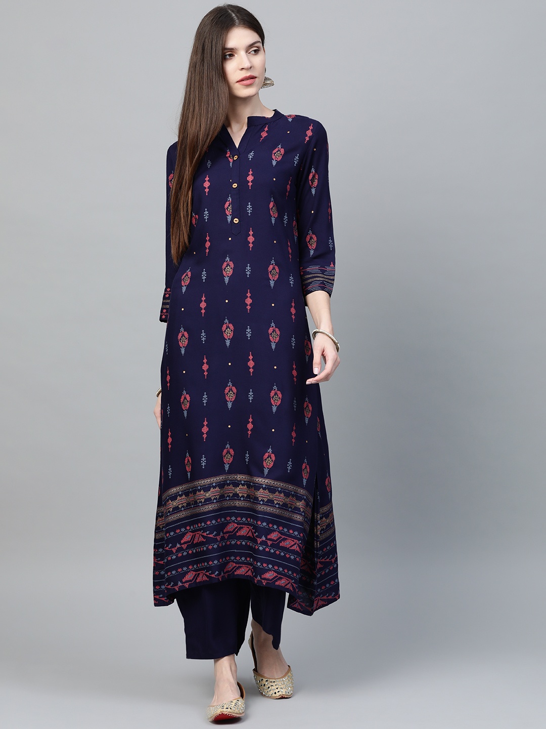 

ZIYAA Women Navy Blue & Pink Foil Print Kurta with Palazzos