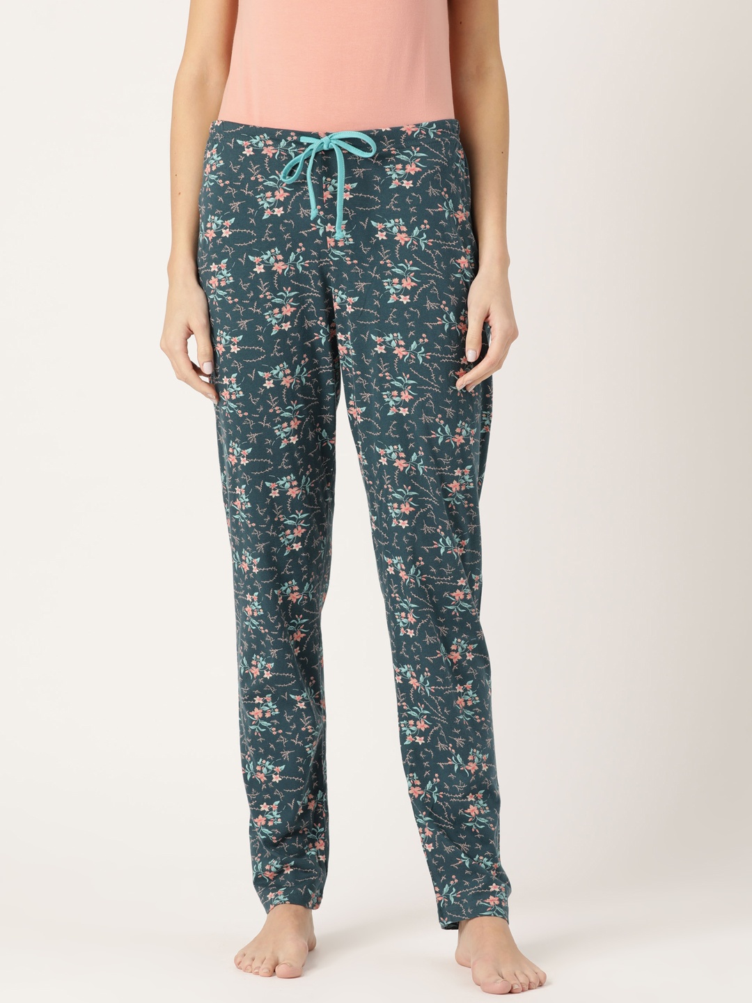 

Kanvin Women Teal Blue & Peach-Coloured Floral Printed Lounge Pants