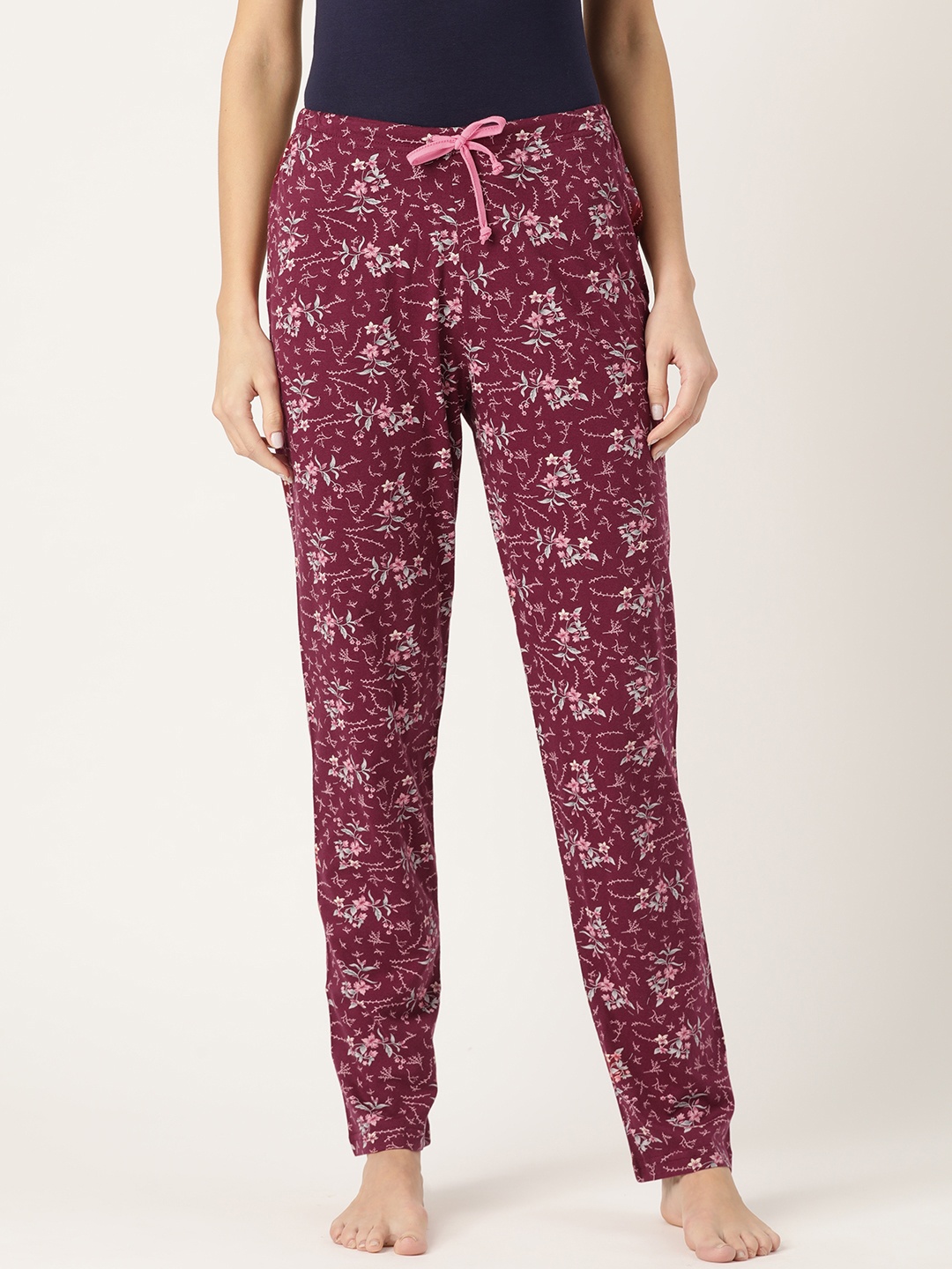 Kanvin Women Burgundy & Pink Floral Print Lounge Pants