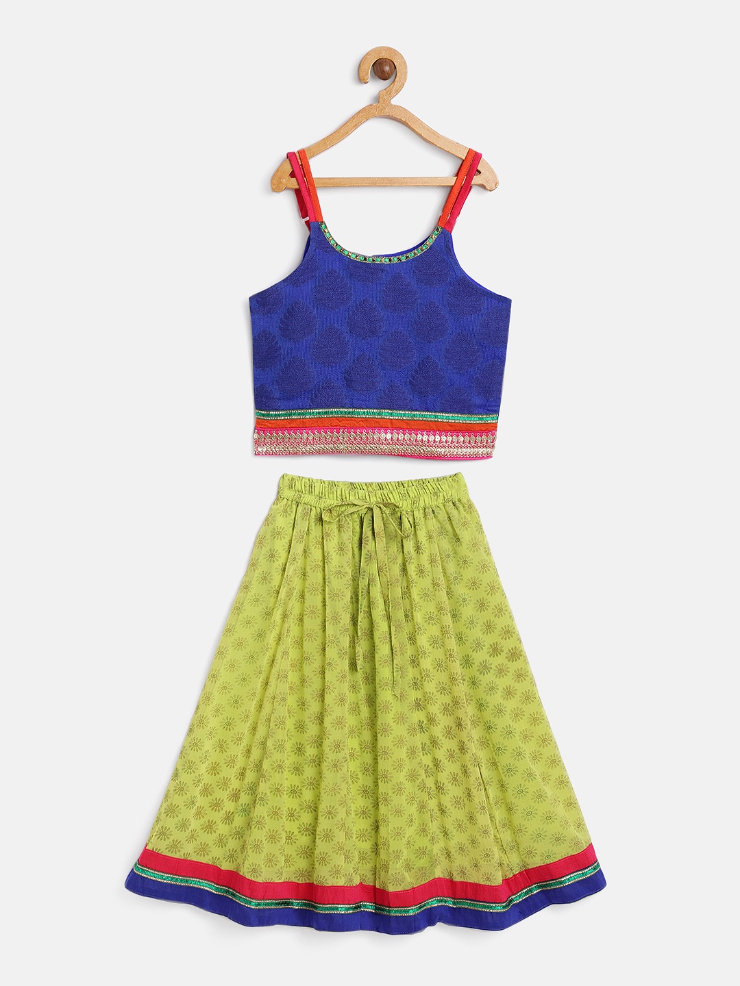 

Twisha Girls Lime Green Ready to Wear Lehenga with Blue Blouse