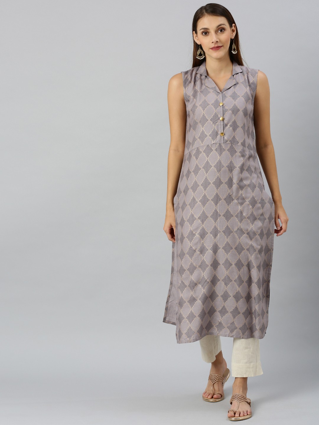 

SANISA Women Grey & Gold-Toned Foil Printed Straight Kurta With Lapel Collar