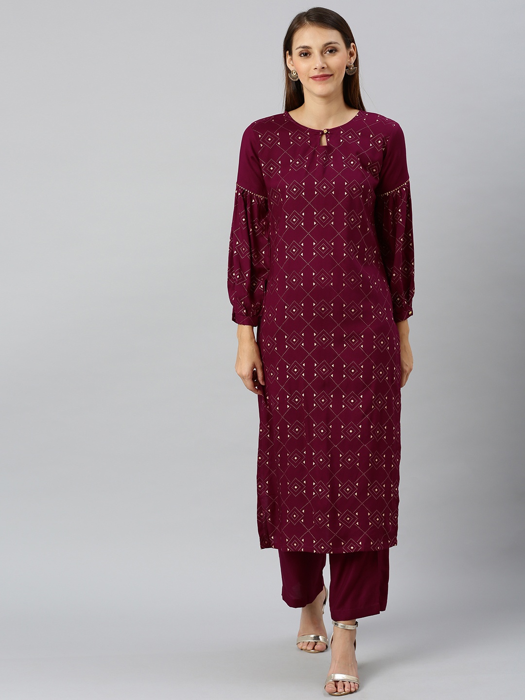 

SANISA Women Burgundy & Gold-Toned Printed Straight Kurta