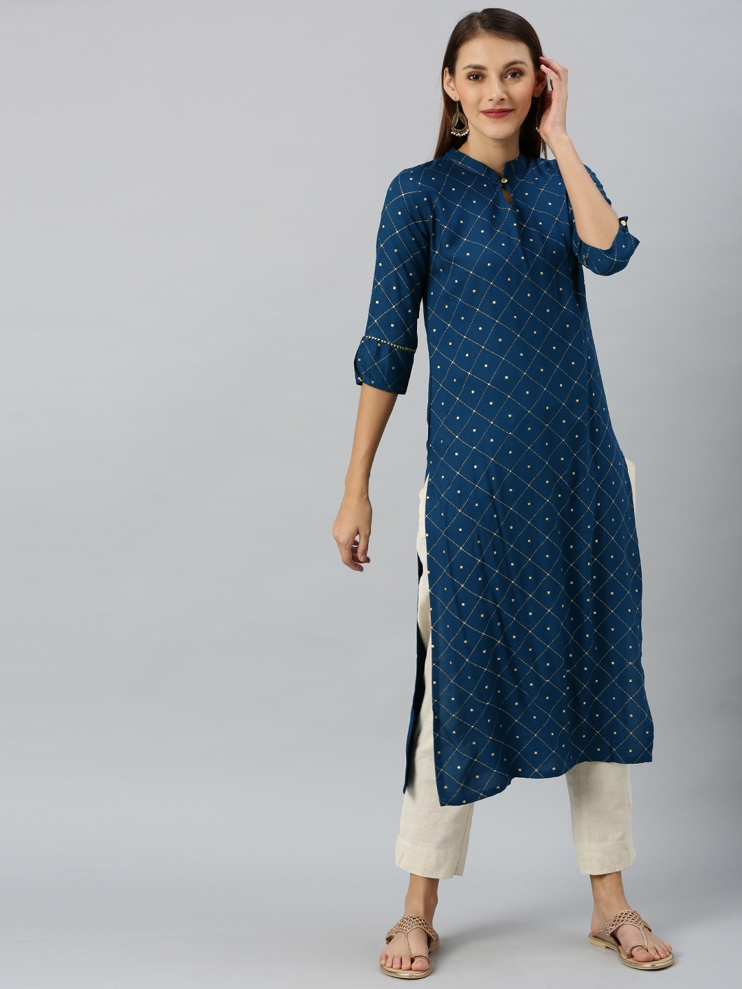 

SANISA Women Teal Blue & Gold-Toned Foil Printed Straight Kurta