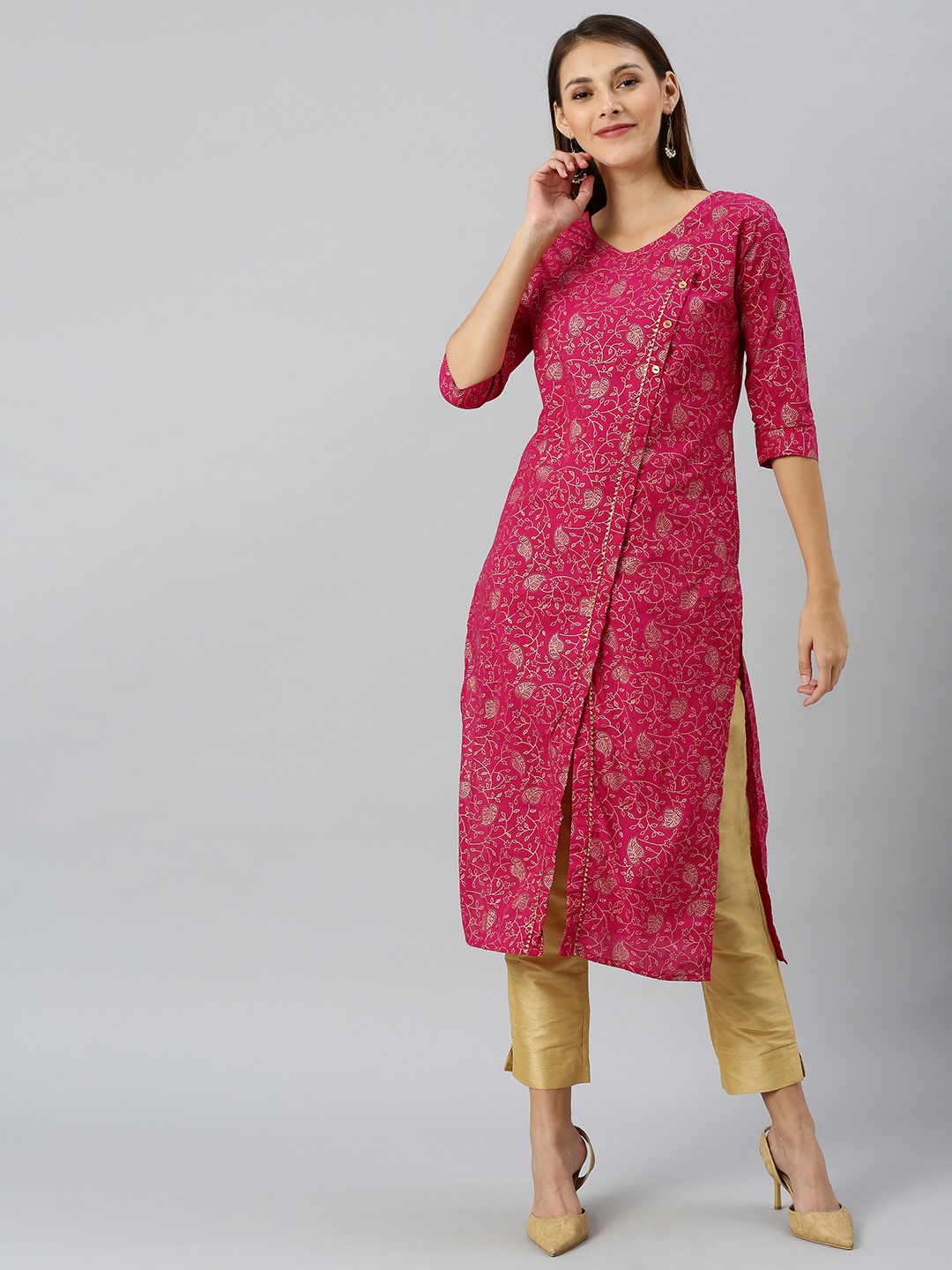 

SANISA Women Pink & Gold-Toned Foil Printed Straight Kurta