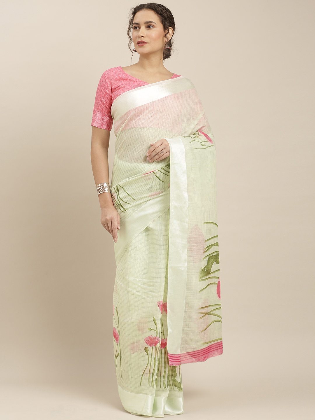 

Kvsfab Olive Green & Pink Linen Blend Printed Saree