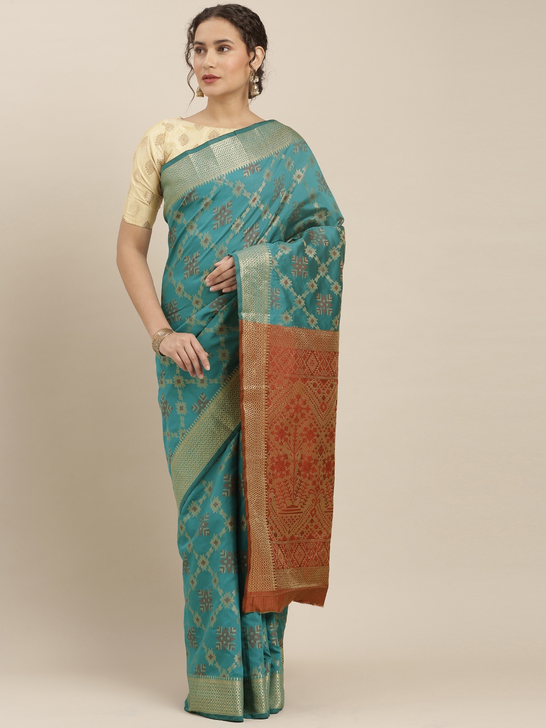 

Kvsfab Teal Blue & Gold-Toned Silk Blend Woven Design Saree