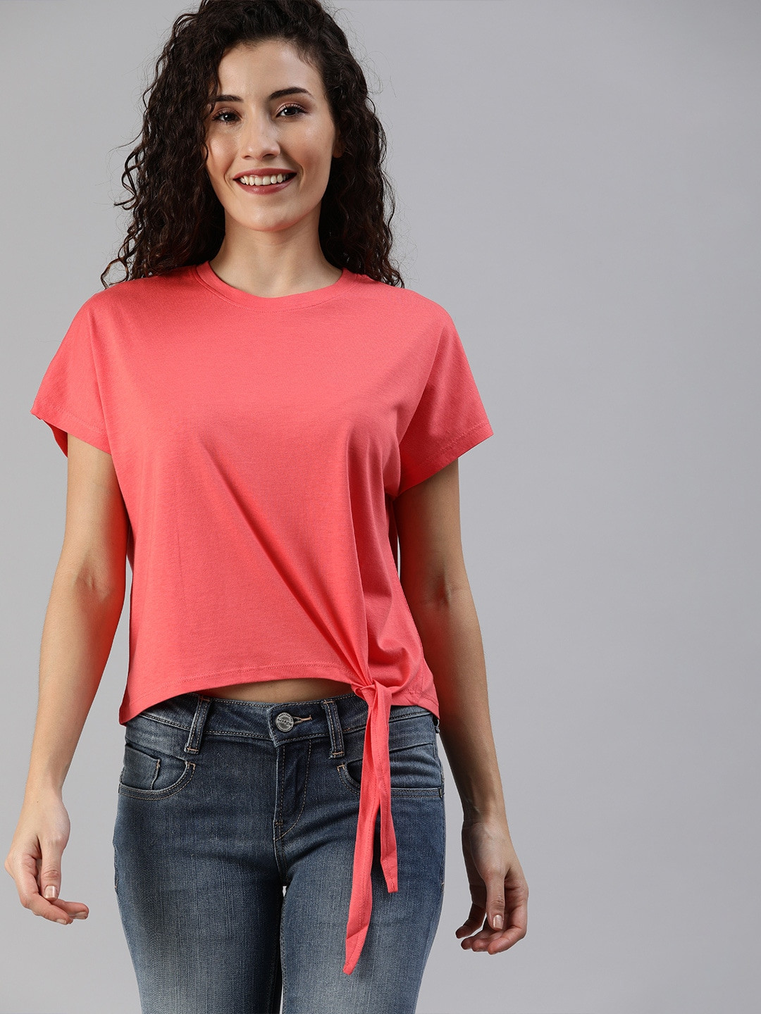

Mast & Harbour Women Coral Red Solid Round Neck Sustainable T-shirt with Waist Tie-Up Detail
