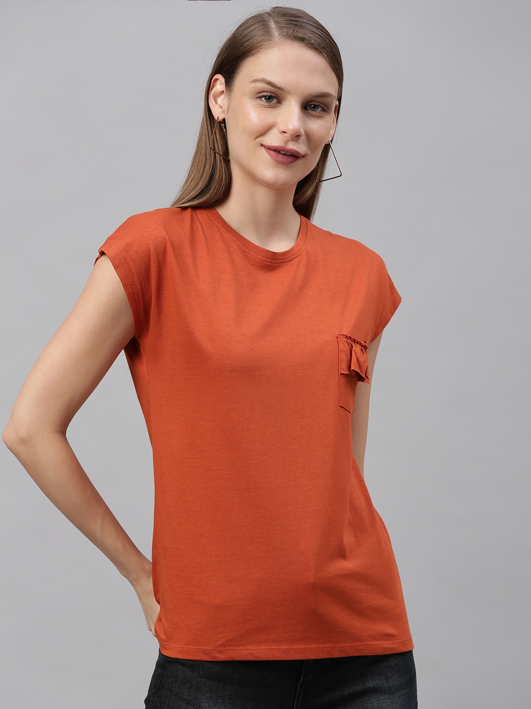 

Mast & Harbour Women Rust Orange Solid Round Neck T-shirt With Ruffle Detailed Pocket