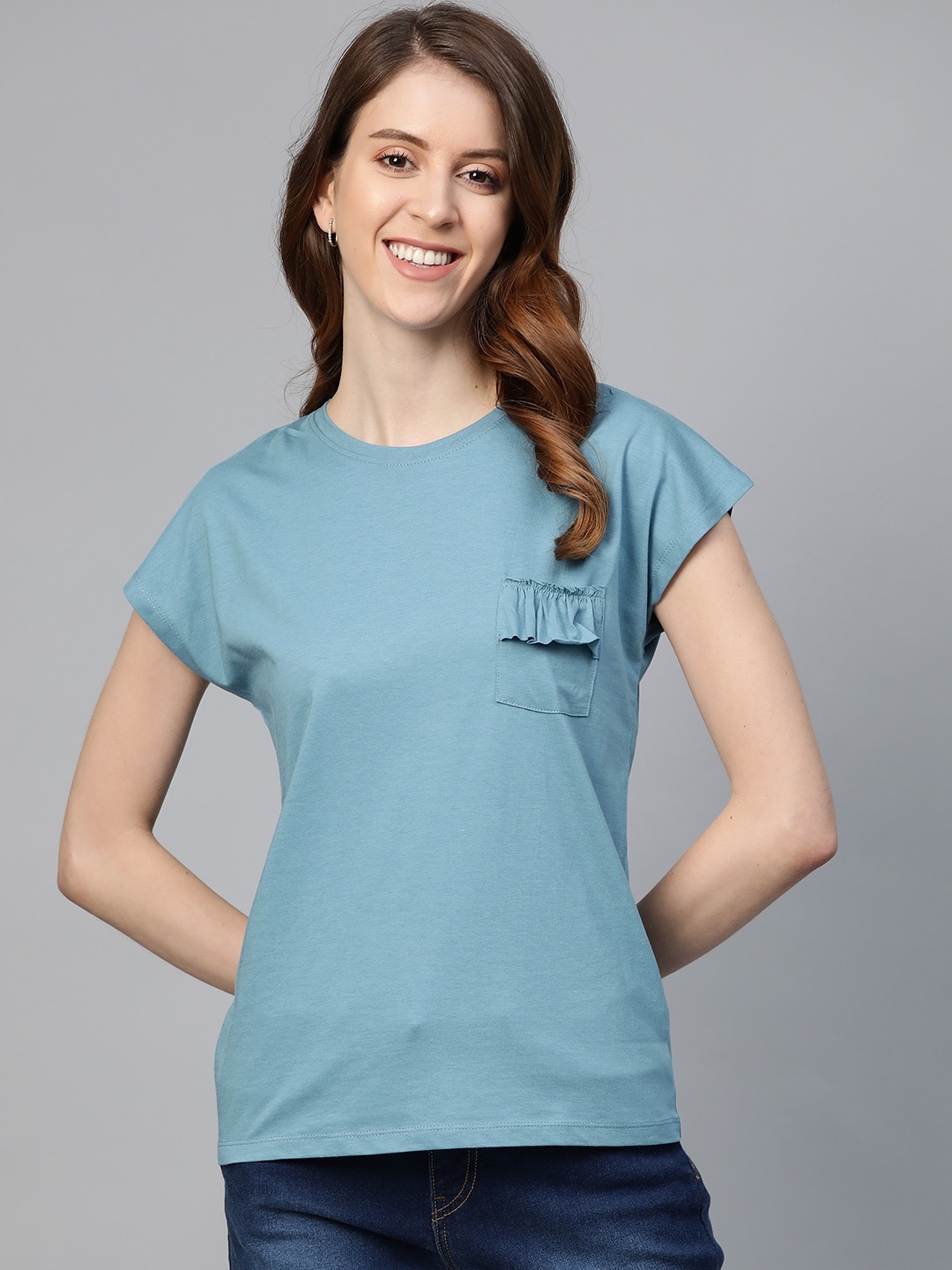 

Mast & Harbour Women Blue Solid Round Neck Sustainable T-shirt