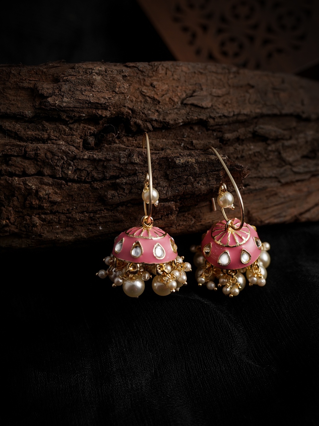 

LAIDA Pink Gold-Plated Kundan Studded Dome Shaped Jhumkas