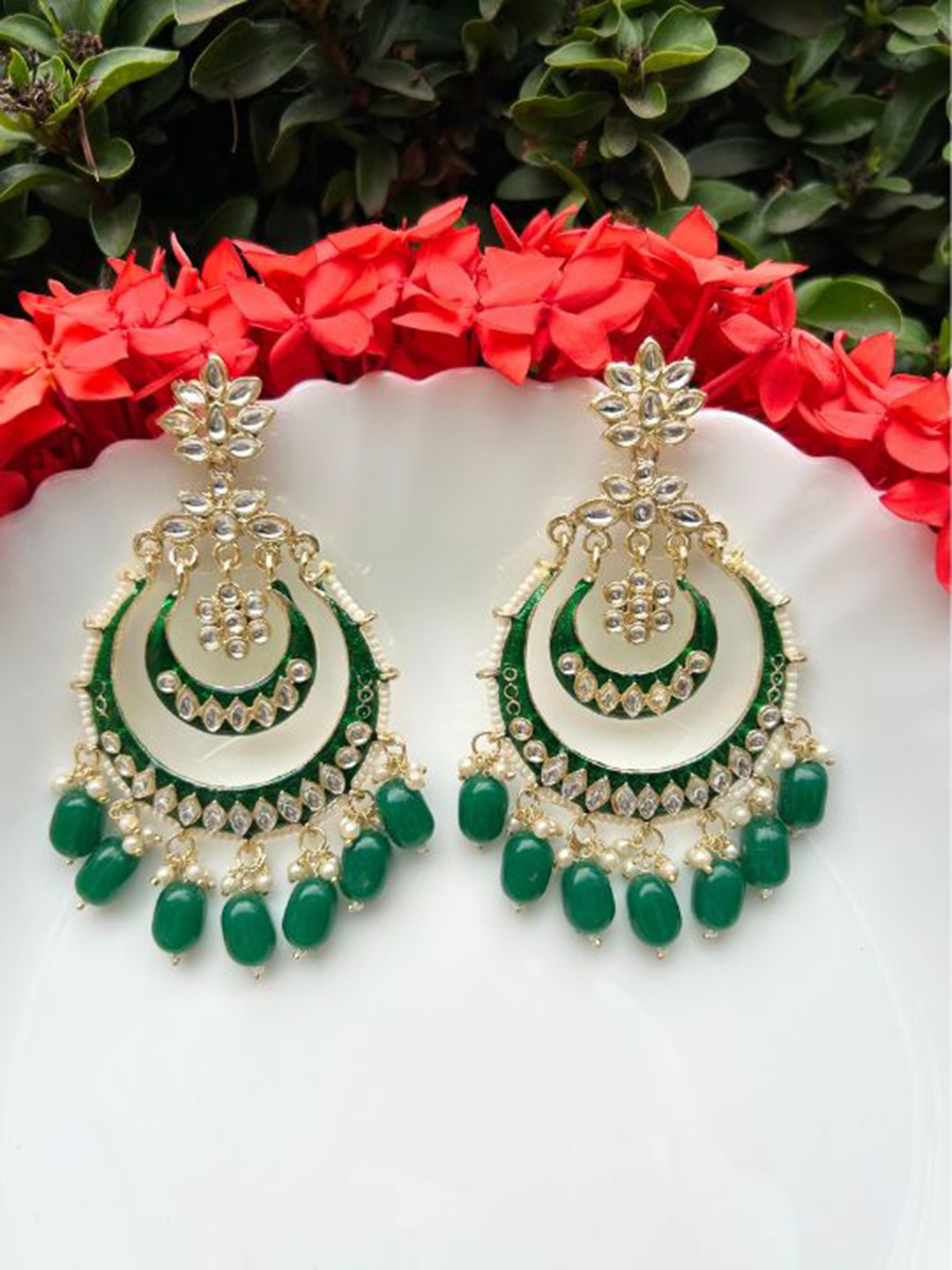 

LAIDA Green & Gold-Plated Crescent Shaped Chandbalis