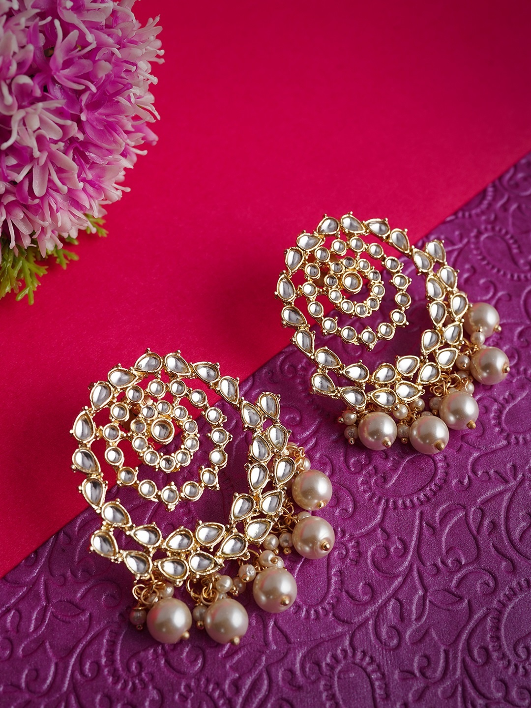 

LAIDA Gold-Toned & White Kundan-Studded Chandbalis